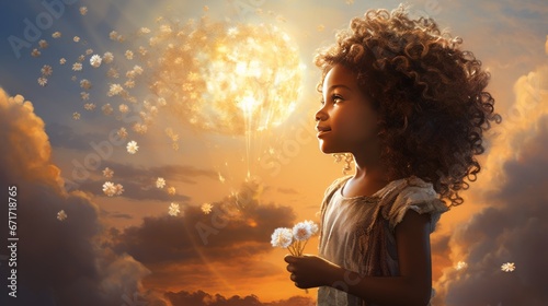 young girl curly hair holding dandelion dreamy sky setting