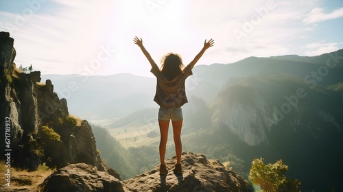 Young Woman Standing with Arms Wide Open on a Cliff. Pleasant Deviation, Soul Freedom Concept. generative AI