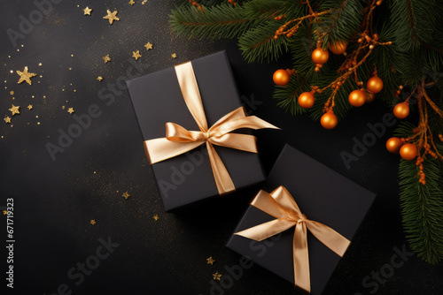 Luxurious black and gold presents, a symbol of warmth, love, and thoughtful giving during the holiday season.
