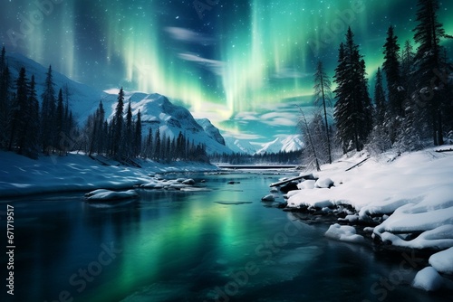 Stunning snowy scenery with stunning northern lights. Generative AI