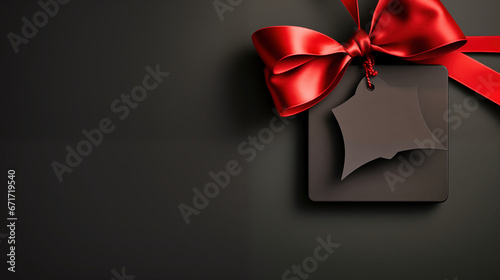 Black gift box with red ribbon and bow on black background. Black friday concept. 