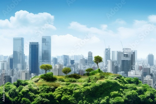 Corporate development, real estate, and ecological panoramic view of the city skyline in Shinjuku, Tokyo, Japan, under blue sky and greenery. Generative AI