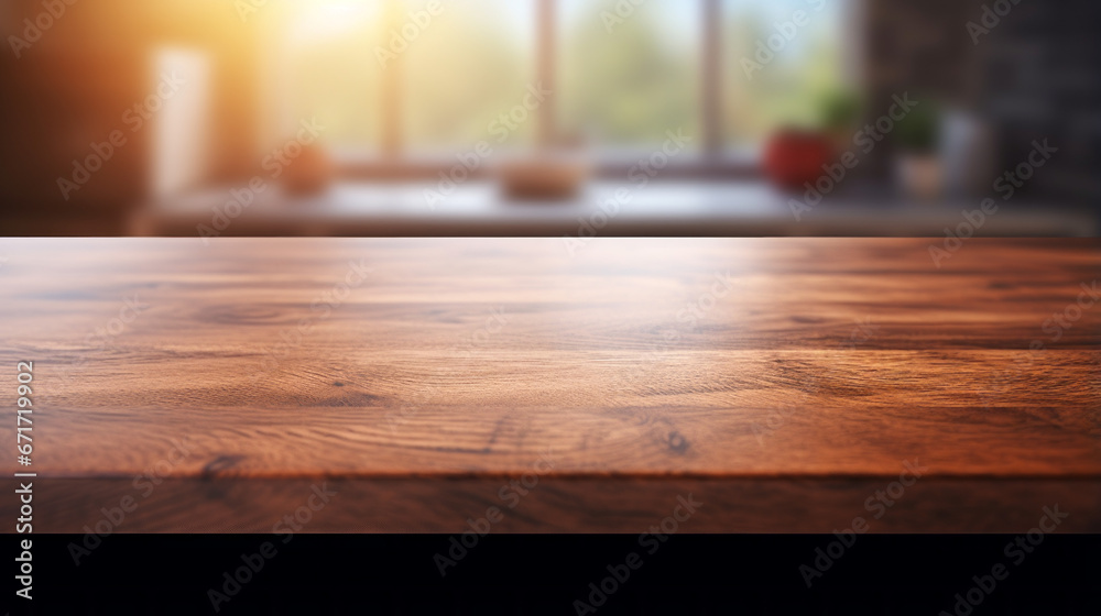 Selective focus Wood table top on blur kitchen counter background For montage product display or design key visual layout Selective focus Wood table top on blur kitchen counter background For montage product display or design key visual layout