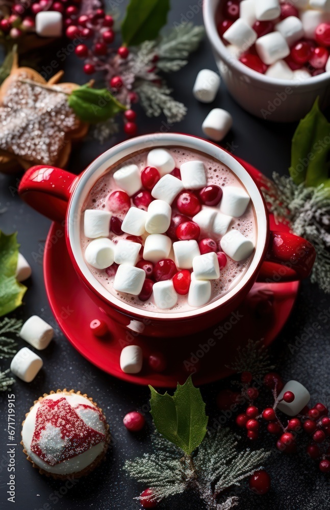 Cup of hot New Year's cocoa with marshmallows by Generative AI