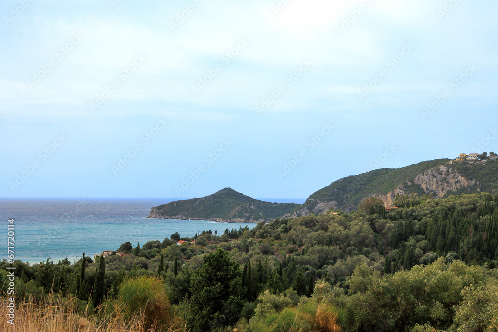 View through olive trees to the moving sea near Agios Georgios on the island of Corfu under overcast skies