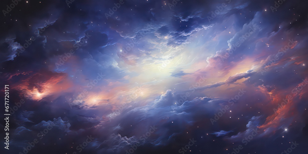 An abstract depiction of the night sky in space, adorned with clouds and stars, creating a mesmerizing.