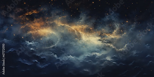 An abstract depiction of the night sky in space, adorned with clouds and stars, creating a mesmerizing.