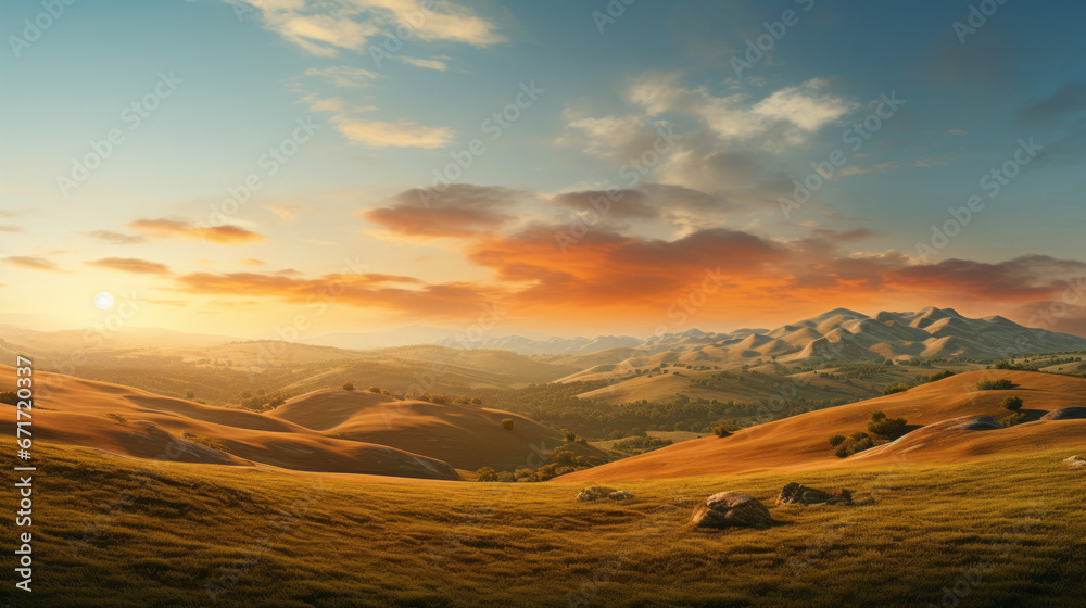 Rolling hills stretch out into the distance, the setting sun creating a beautiful gradient of orange and gold