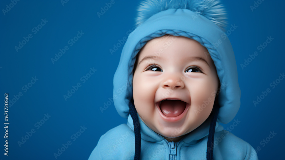 Portrait of a laughing little baby in a blue jacket isolated over blue background. Portrait of a laughing little baby in a blue jacket isolated over blue background.