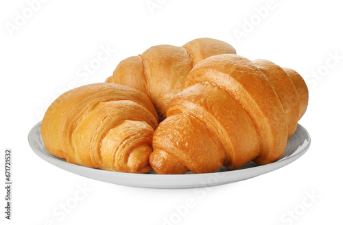 Plate with delicious fresh croissants isolated on white