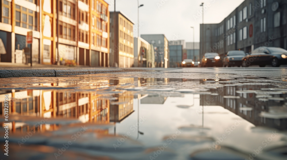  Reflections of buildings in a puddle, with rain drops glimmering on the surface