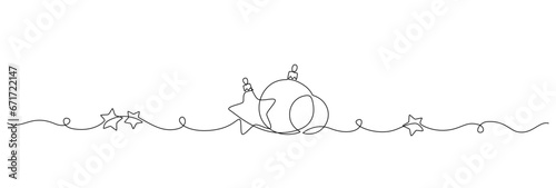 One continuous line drawing of Christmas greeting card. Festive balls and baubles and stars for winter holiday card in simple linear style. Xmas decor in editable stroke. Doodle vector illustration