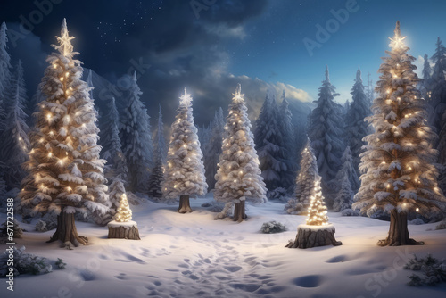 Decorated Christmas Trees with Candles in the Magical Snowy Forest at Night © Sasa Lalic