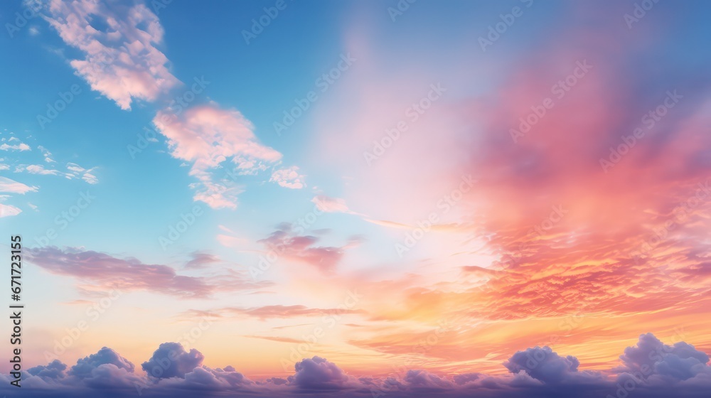 Fototapeta premium Panoramic sunset sky with vibrant clouds, displaying a colorful twilight sky during the sunny evening.