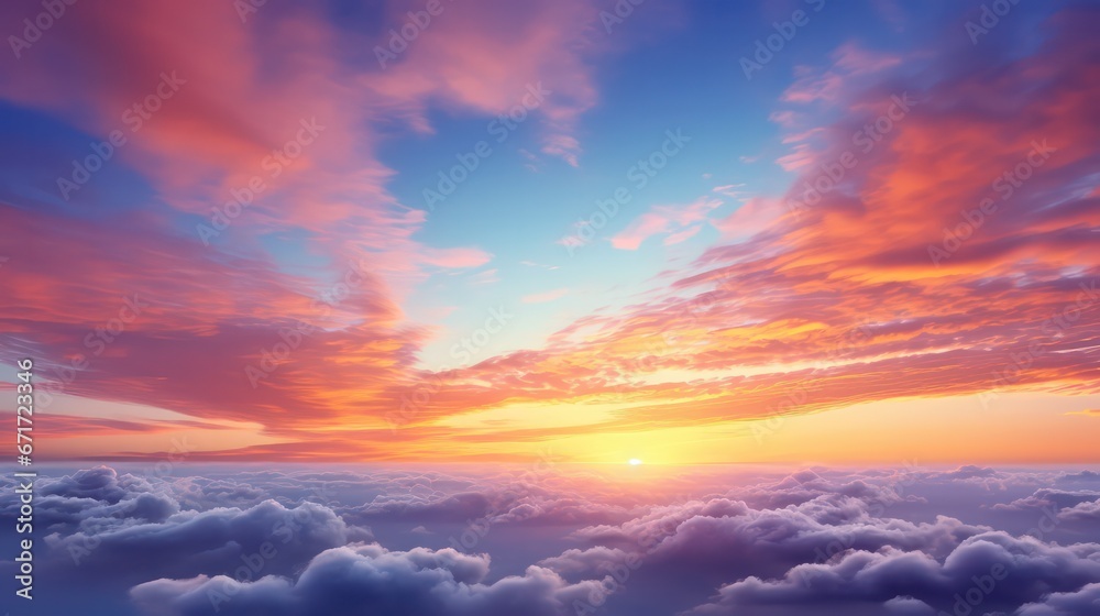 Panoramic sunset sky with vibrant clouds, displaying a colorful twilight sky during the sunny evening.