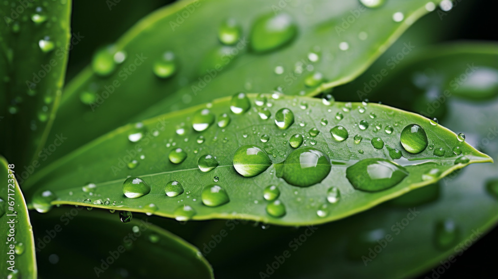 Rain droplets cling to a leaf, each droplet creating a unique pattern as it trickles down the side Rain droplets cling to a leaf, each droplet creating a unique pattern as it trickles down the side