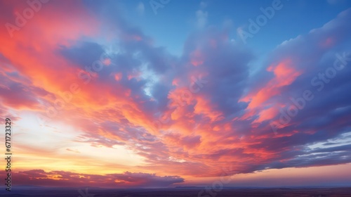 Panoramic sunset sky with vibrant clouds  displaying a colorful twilight sky during the sunny evening.