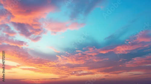Panoramic sunset sky with vibrant clouds, displaying a colorful twilight sky during the sunny evening.