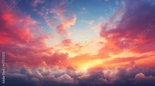 Panoramic sunset sky with vibrant clouds, displaying a colorful twilight sky during the sunny evening. © Nattadesh