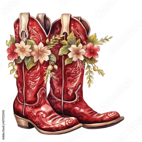 Christmas themed cowboy boots with holly, isolated on transparent background