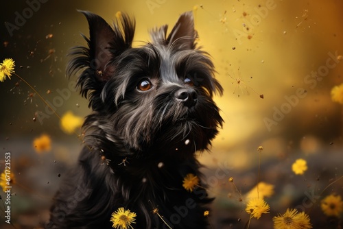A Small Black Dog on a Vibrant Field of Yellow Flowers