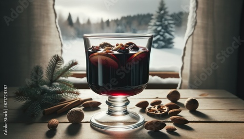 Swedish mulled wine, also known as 'glögg', served in a crystal clear glass with raisins and almonds at the bottom, placed on a wooden table, with a glimpse of a snow-covered Swedish landscape outside