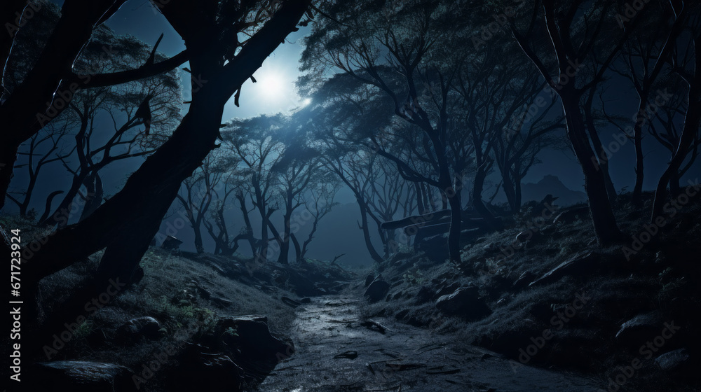 Moonlight pierces through the treetops, casting eerie shadows on the ground below
