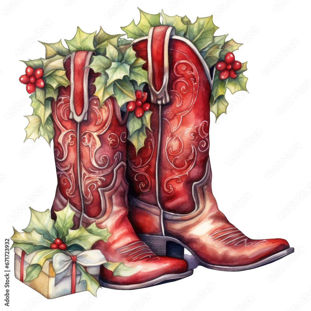 Christmas themed cowboy boots with holly, isolated on transparent
