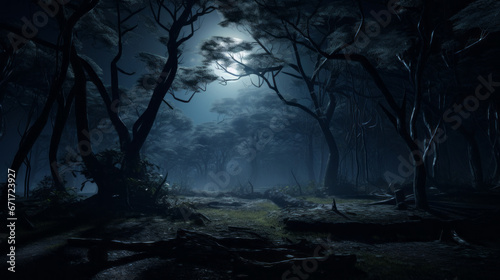 Moonlight pierces through the treetops, casting eerie shadows on the ground below © Textures & Patterns