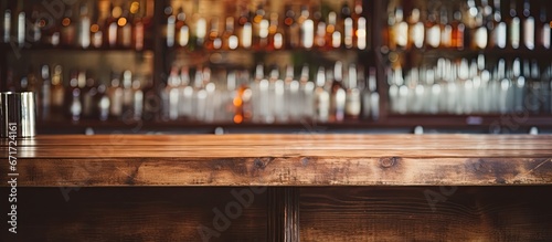 Product display with blurred restaurant bar or cafeteria backdrop and empty wooden counter