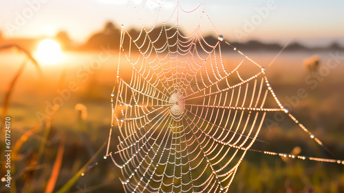 A close-up of a delicate, dew-kissed spider web glistening in the morning sun, showcasing the marvels of nature's engineering