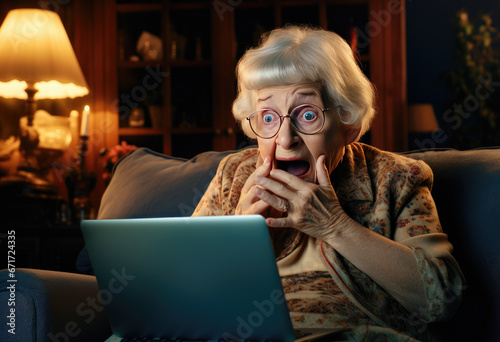 Elderly woman sit on couch hold pc on lap cover face with hands during thriller movie scary moment, received awful bad news feels unhappy