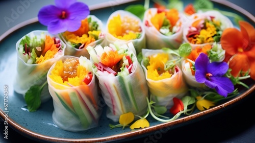 Edible flowers spring rolls. Beautiful and delicious Thai cuisine. Colorful appitizers made from edible flowers, shrimps, rice noodle and organic vegetables wrapped with rice paper