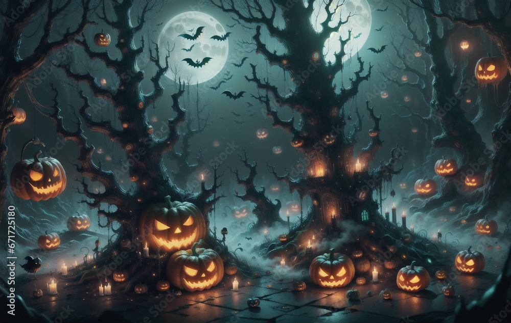 A terrifying Halloween night with jack-o'-lanterns and vampire bats.