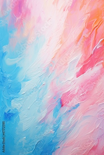 A close-up view of a painting showcasing vibrant shades of blue and pink. This artwork can add a pop of color and artistic flair to any space