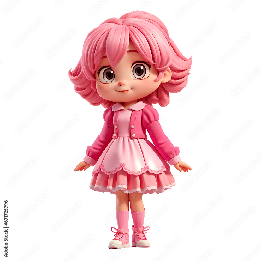 A Cute pretty cartoon character girl wearing a pinky white dress isolated on white, generative AI