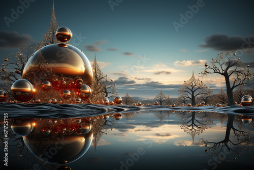 Futuristic hollidays background, red christmass decoration, evening, white snow in the mountain with decorative Christmas green trees and gifts inside, futuristic sky background. AI Generative photo