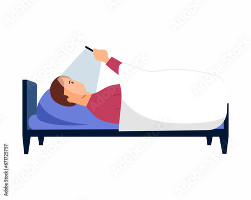 Man in bed look on light screen of smartphone messages, check cellphone night insomnia phone addiction. 