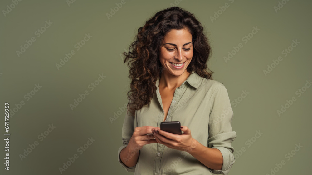 portrait studio d'une jeune femme brune souriante en train d'utiliser une application sur son téléphone portable pour faire un achat ou communiquer - obrazy, fototapety, plakaty 
