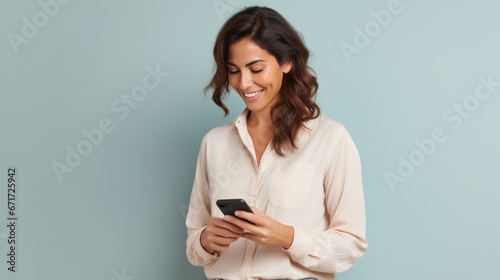portrait studio d'une jeune femme brune souriante en train d'utiliser une application sur son téléphone portable pour faire un achat ou communiquer photo