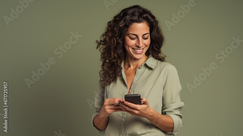 portrait studio d'une jeune femme brune souriante en train d'utiliser une application sur son téléphone portable pour faire un achat ou communiquer photo