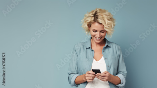 portrait studio d'une jeune femme blonde en train d'utiliser une application sur son téléphone portable pour faire un achat ou communiquer photo