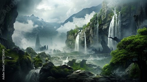 A thunderous downpour and dense clouds amidst a lush green landscape, accompanied by a tumbling waterfall in the mountains.