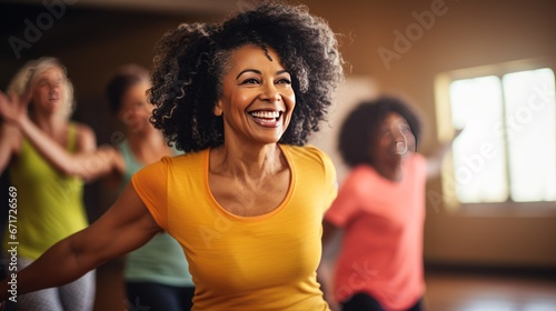  Middle-aged black women enjoying a joyful dance class, candidly expressing their active lifestyle through Zumba with friends, generative ai