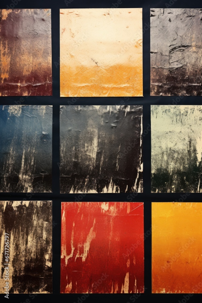 Naklejka premium A collection of six vibrant paintings in various colors displayed against a black background. This versatile image can be used for a variety of creative projects and artistic concepts.
