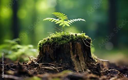 A symbol of renewal and resilience a young tree sprouting from the remains of an old tree stump, illustrating nature's ability to rejuvenate and thrive even in challenging circumstances .