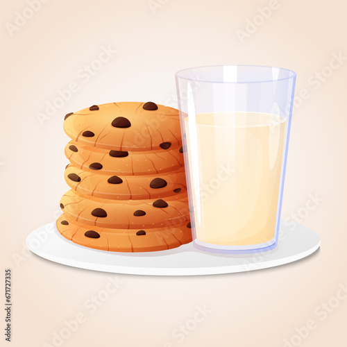 Glass of milk and chocolate chip cookies.Cartoon vector illustration.