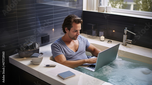 Man using laptop in bubble bath photo