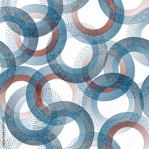 Circle ring shapes of dots contemporary vector seamless pattern.