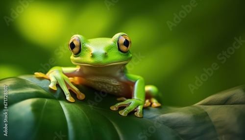 Photo of a Serene Green Tree Frog Perched Upon a Lush Green Leaf